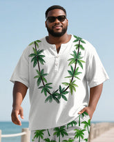 Men's Plus Size Hawaiian Coconut Leaf Necklace Printed Henry Collar Short Sleeve T-Shirt Shorts Suit